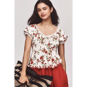 Anthropologie Maeve Short-Sleeve Sweetheart-Neck Peplum Top Floral S New 285801